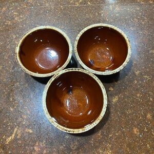 Vintage 1970s Ovenproof/USA 7” Brown Drip Glazed Set of Three Serving Bowls